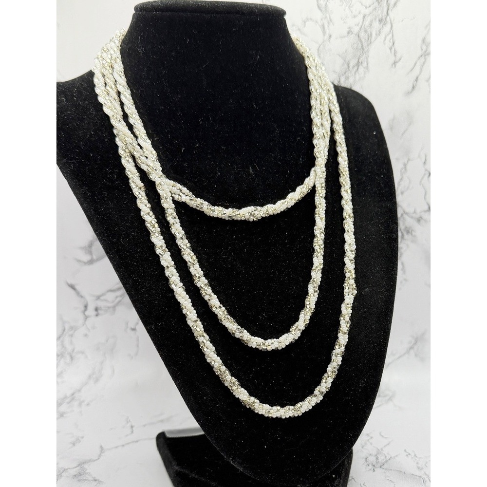 Long Pearl Beaded Necklace 54" Multi Strand Wrap‎ Gold Tone Seed Beads